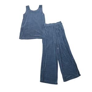 Vintage 90s Destinations Blue Slinky Jersey Tank and Wide Leg Pants Set S/M